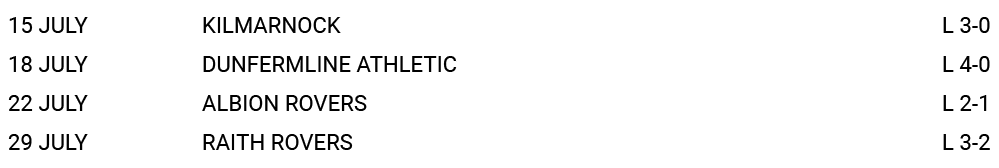 15 JULY,KILMARNOCK ,L 3-0,18 JULY,DUNFERMLINE ATHLETIC,L 4-0,22 JULY,ALBION ROVERS,L 2-1,29 JULY,RAITH ROVERS,L 3-2