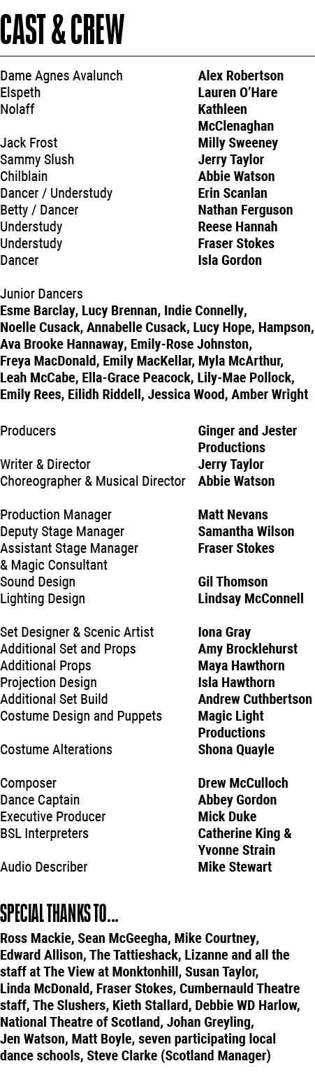 CAST & CREW Dame Agnes Avalunch Alex Robertson Elspeth Lauren O’Hare Nolaff Kathleen McClenaghan Jack Frost Milly Swe...