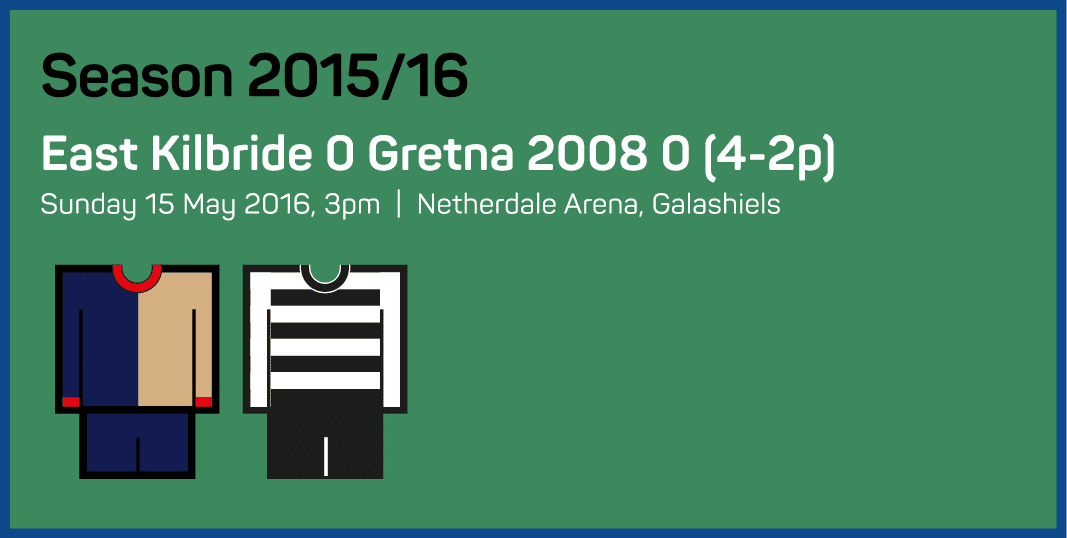 Season 2015 16 East Kilbride 0 Gretna 2008 0 (4-2p) Sunday 15 May 2016, 3pm   Netherdale Arena, Galashiels 
