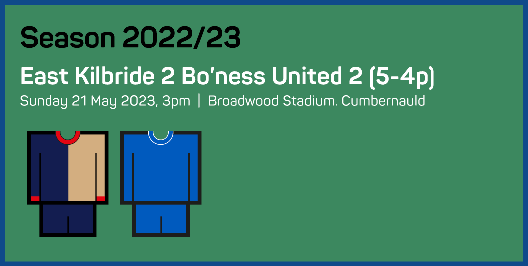 Season 2022 23 East Kilbride 2 Bo ness United 2 (5-4p) Sunday 21 May 2023, 3pm   Broadwood Stadium, Cumbernauld 