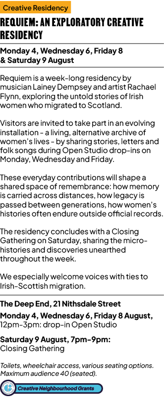 Creative Residency Requiem: An Exploratory Creative Residency Monday 4, Wednesday 6, Friday 8 & Saturday 9 August Req...