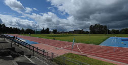 A track and field area with a blue track and a green field. AI generated content