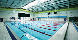 A large indoor swimming pool with blue and red lane markings. AI generated content