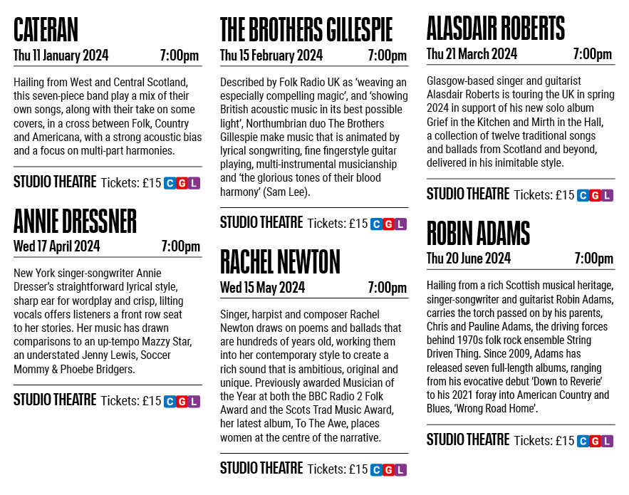 CATERAN Thu 11 January 2024 7:00pm Hailing from West and Central Scotland, this seven-piece band play a mix of their    