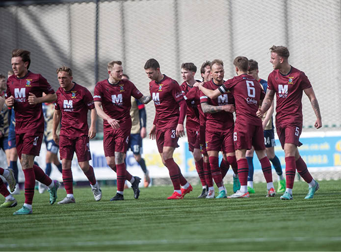 07APR24 Tranent’s first goal cele. East Kilbride 2 v 2 Tranent, Lowland League Cup Final 2024 at Broadwood Stadium, Cumbernauld. Tranent won on penalties.