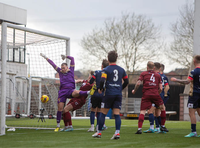 07APR24 Tranent’s second goal. East Kilbride 2 v 2 Tranent, Lowland League Cup Final 2024 at Broadwood Stadium, Cumbernauld. Tranent won on penalties.