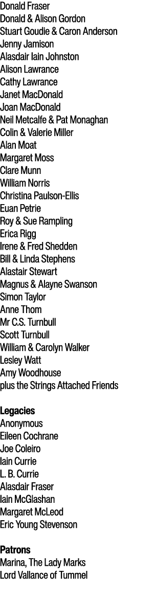 Donald Fraser Donald & Alison Gordon Stuart Goudie & Caron Anderson Jenny Jamison Alasdair Iain Johnston Alison Lawra...