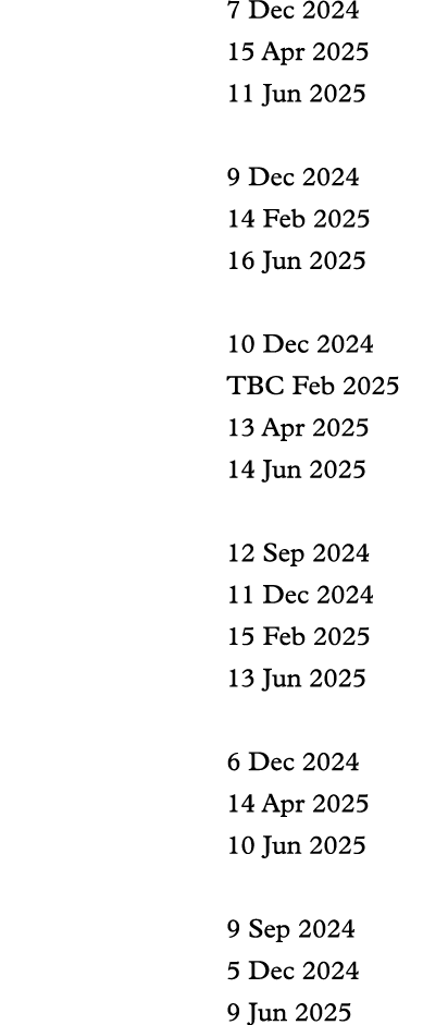7 Dec 2024 15 Apr 2025 11 Jun 2025 9 Dec 2024 14 Feb 2025 16 Jun 2025 10 Dec 2024 TBC Feb 2025 13 Apr 2025 14 Jun 202...
