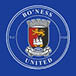 A blue circle with a red and black crest featuring a lion and the words “Boneess United" in white. AI generated content